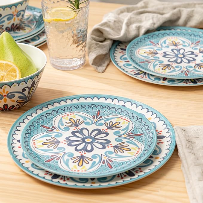 Bzyoo 12-Piece Melamine Dinnerware Set - Madallion | Lightweight, Durable, BPA-Free | Dishwasher Safe Dish Set for Indoor & Outdoor Use - Perfect for Camping, BBQs, Kids Parties