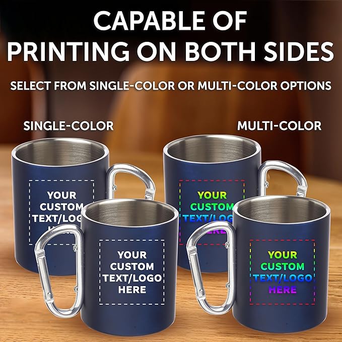 Custom Stainless Steel Mugs with Carabiner Handle 10 oz. Set of 100, Personalized Bulk Pack - Perfect for Coffee, Soda, Other Hot & Cold Beverages - Navy Blue