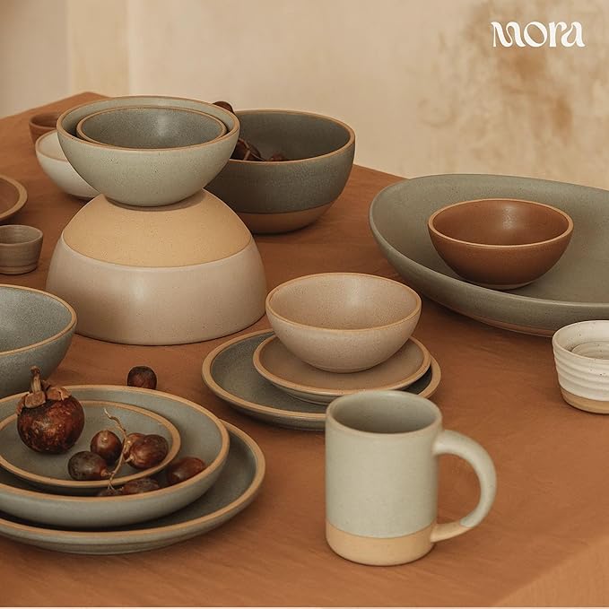 MORA Medium Plates Set of 4, 8.5 inch Ceramic Pottery Salad Plates - Microwave, Oven and Dishwasher Safe - Peppercorn