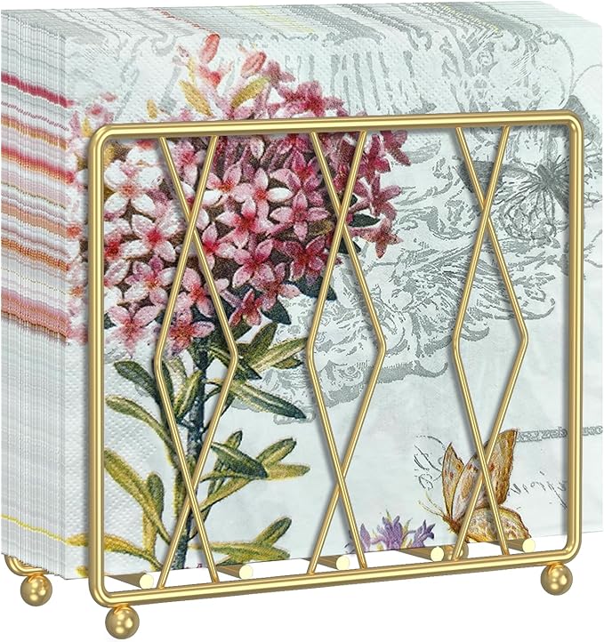 Napkin Holder for Table, Modern Metal Napkin Holders for Paper Napkins & Kitchen Dining & Countertops, Cocktail Upright Napkin Holder Dispenser Suitable for All Room Decors (Large, Gold)