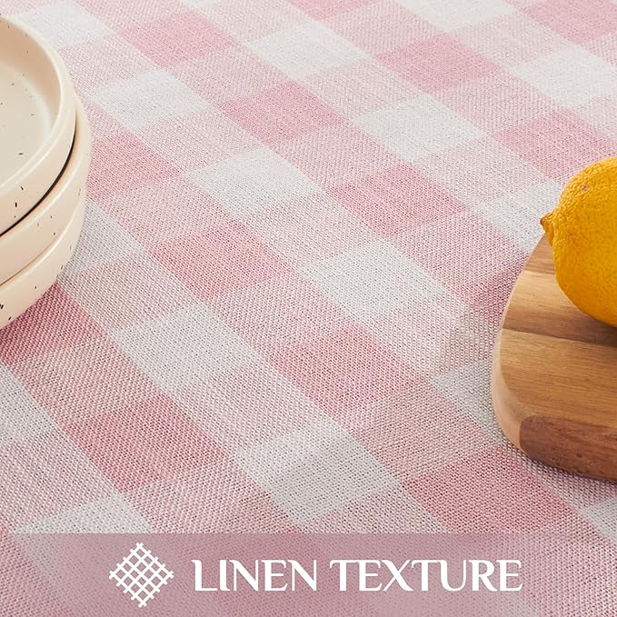 Softalker Valentines Pink Gingham Tablecloth Rectangle, Outdoor Linen Cotton Checkered Table Cloth with Tassel, Heavy Duty Wrinkle Free Plaid Table Cover for Easter Dining Spring Party - 55 x 102 Inch