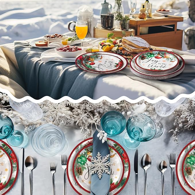 48 Pcs Christmas Paper Plates Include 9 Inch Joy to The World Plate 7 Inch Watercolor Pine Xmas Ball Plate for Holiday Party Supplies