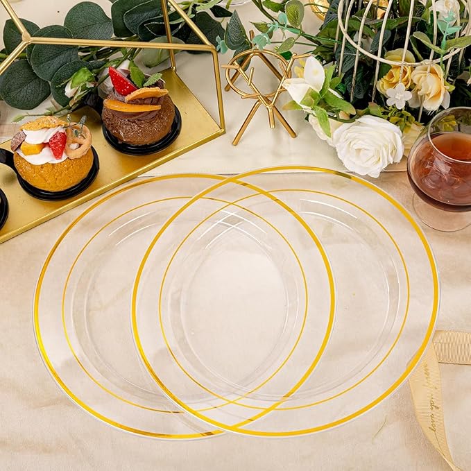I00000 60PCS Clear Gold Plastic Plates, Clear Plates With Gold Rim 10 Inch,Fancy Disposable Wedding Plate Heavy Duty Plastic Plate for Birthday, Wedding & Party