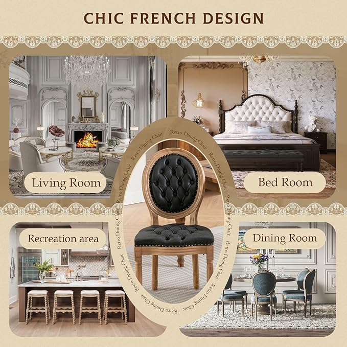 SoarFlash French Dining Chairs Set of 6, Vantage Dining Chair with Round Back, Farmhouse Country PU Leather Dining Chair for Kitchen,Bedroom,Black