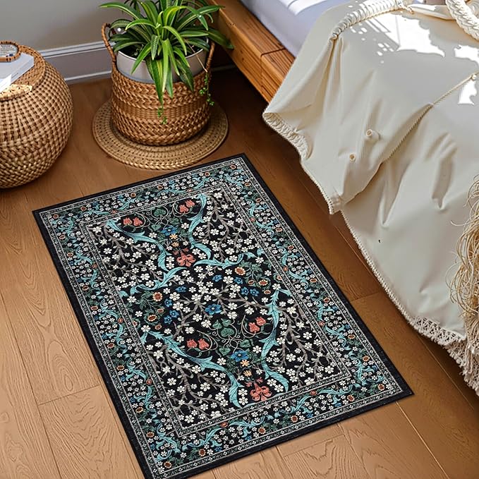 GarveeHome Floral Entryway Rug, 2x3 Washable Front Door Entry Throw Rugs Indoor, Non Slip Bathroom Small Rugs, Boho Thin Rug for Kitchen, Soft Carpet Mat for Bedroom Bathroom, Black