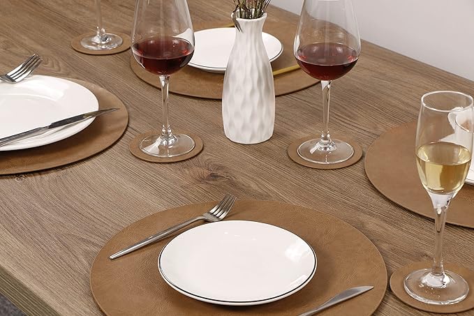 Jovono Embossed PU Leather Placemats, Waterproof Coffee Coasters, Kitchen Table Mats, Easy to Wipe Off for Dining Round Table