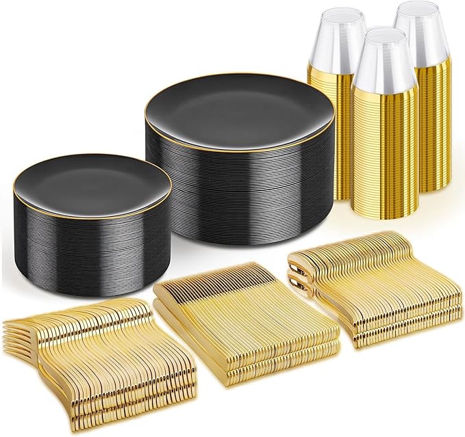 WDF 300PCS Black and Gold Plates - Black Plastic Plates for Party - 50guest Disposable Dinnerware Sets for Party/Wedding/New Year