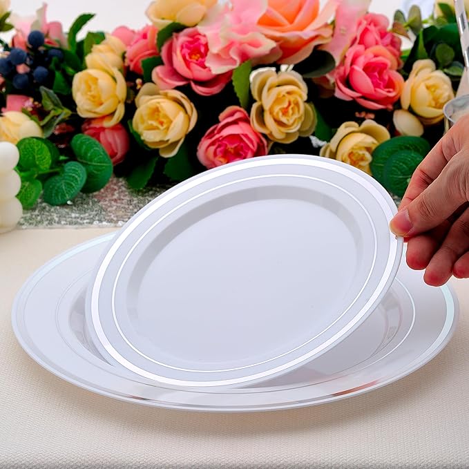 50 PCS Silver and White Plastic Plates for 50 Guests,10.25inch Silver Rimmed White Disposable Plastic Plates for Wedding,Party,Birthday,Smooth Edge & Heavy Duty Dinner Plate