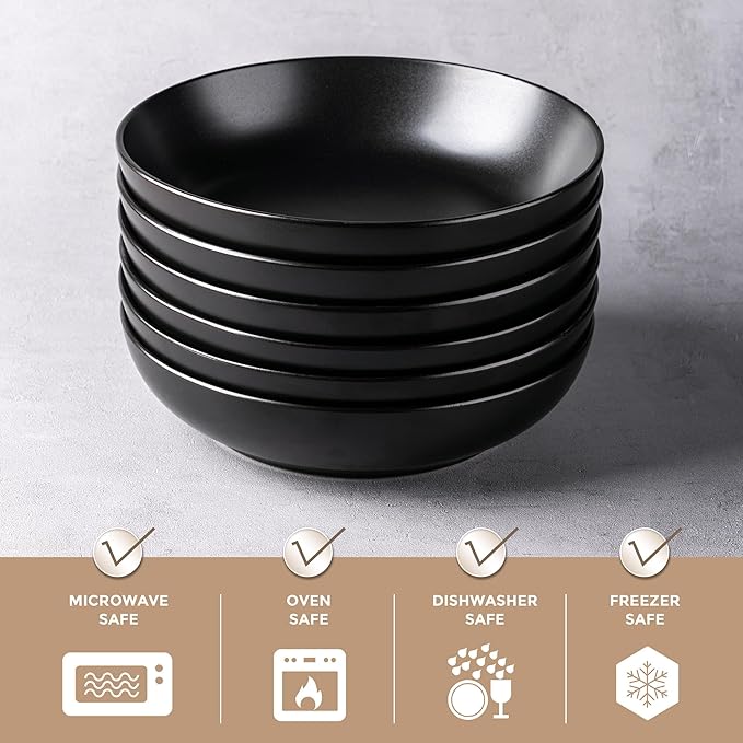 AmorArc 8.5 Inch Stoneware Pasta Bowls, 32oz Large Bowls Set of 6 for Kitchen, Wide Bowls for Pasta,Salad,Oatmeal, Microwave&Dishwasher Safe, Matte Black