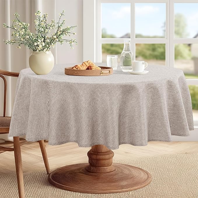 JIUZHEN Round Table Cloth Faux Linen Farmhouse Tablecloth Wrinkle and Stain Resistant Decorative Fabric Table Cover for Kitchen, Dining Room, Parties and Camping, Stone, 80 Inch Round