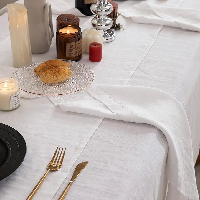 EVERLY Pure Linen Hemstitch Tablecloth,100% Stonewashed French Linen tablecloths for Kitchen Dining Rectangle Tables,60x120Inch Machine Washable Christmas Thanksgiving Organic Tablecloth-White