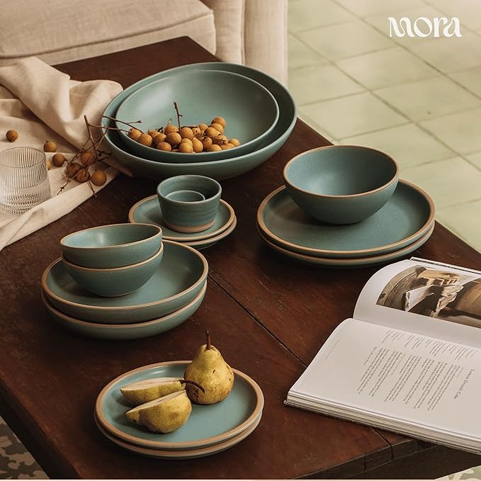 MORA Large Plates Set of 4, 10.5 inch Ceramic Pottery Dinner Plates - Microwave, Oven and Dishwasher Safe - Iris
