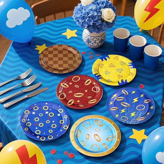 60Pcs Blue with Gold Ring Paper Plates 9" Disposable Heavy Duty Cartoon Tinsel Video Games Dessert Paper Plates Hedgehog Party Tableware Set for Kids Birthday Baby Shower Party Decorations