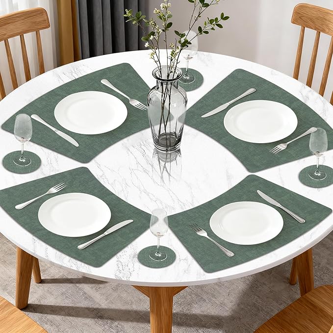 Round Table Placemats Set of 4, Wedge Shaped Faux Leather Table Mats, Heat Resistant Wipeable Washable Place Mats for Dining Table Dinner Kitchen Indoor Outdoor