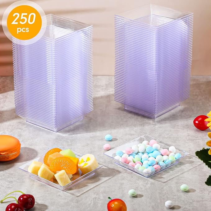 Nuogo 250 Pcs Square Clear Dessert Plates 3.6 Inch Appetizer Plates Disposable Square Party Trays Hard Mini Salad Tasting Sample Dish for Weddings, Parties, Banquet Dinner, Family Gatherings (Clear)