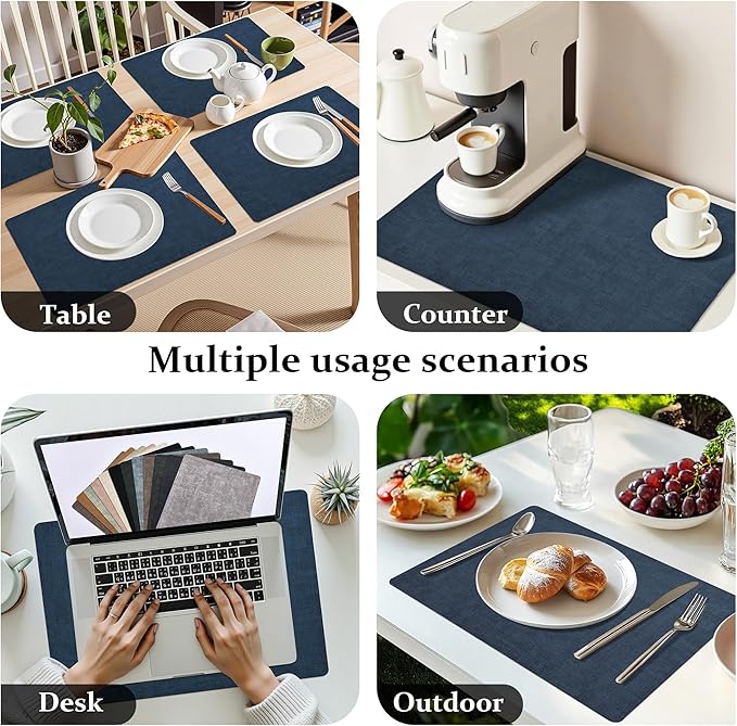 FROMHEART Faux Leather Placemats Set of 4–Waterproof,Heat/Oil Stain-Resistant PU Table Mat–Reversible,Non-Slip,Easy to Clean Place Mats for Kitchen,Dining,Indoor/Outdoor,(Dark Blue,11.8" x 17")
