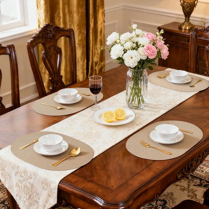 Oval Placemats for Dining Table Set of 4, Washable Leather Table Mats, Waterproof Heat-Resistant Non-Slip Kitchen Placemats, Simple Style Oval Design