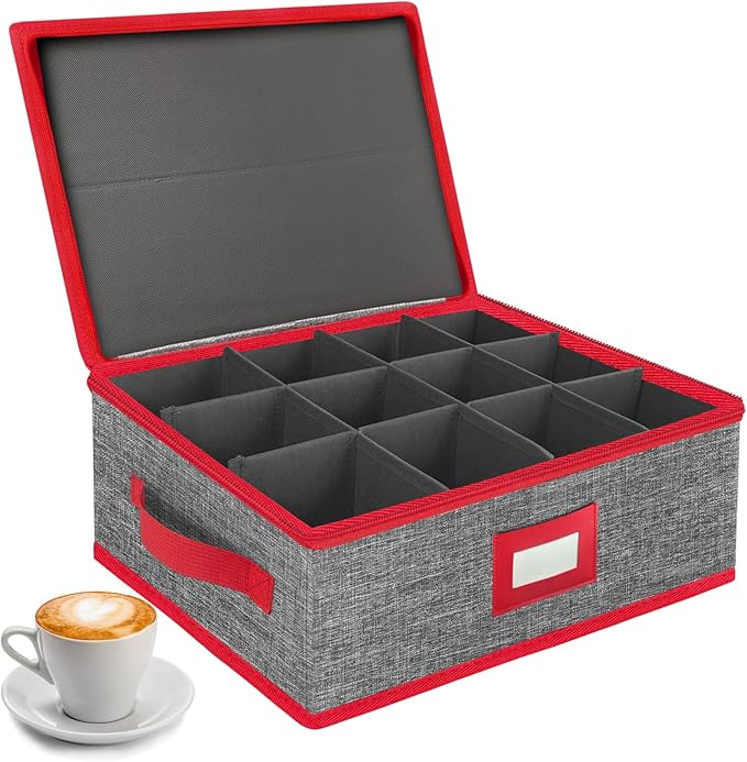 VERONLY Christmas Cup Mug Storage Box with Dividers, China Storage Case Hard Shell Stackable with Lid and Handles for 12 Coffee Mugs and Tea Cups (Grey and Red)