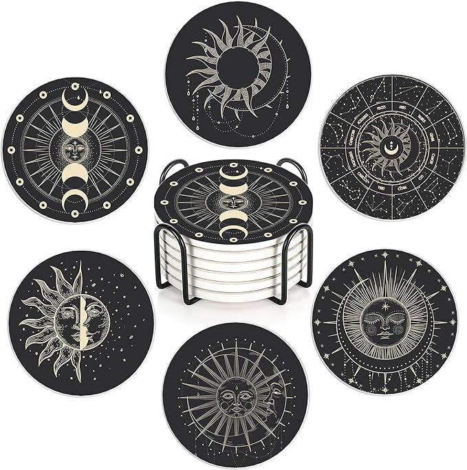 6-Pack Moon Phase Coasters Set with Holder - Absorbent Ceramic Drink Pads, Non-Slip Table Protectors for Coffee & Glasses