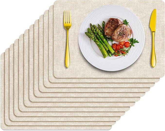 Placemats Set of 12 Washable, Heat Resistant Table Placemats Wipeable Faux Leather Place Mats Non Slip, Waterproof Square Table Mats for Indoor Outdoor, Beige