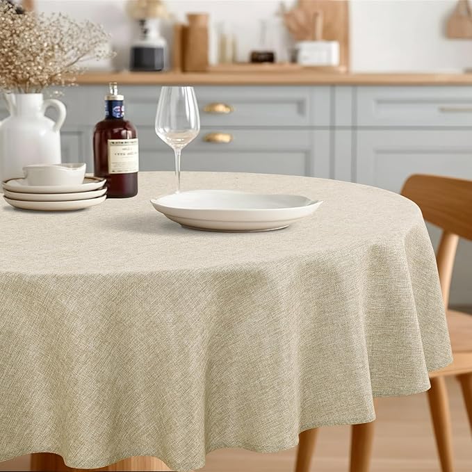 JIUZHEN Round Table Cloth Faux Linen Farmhouse Tablecloth Wrinkle and Stain Resistant Decorative Fabric Table Cover for Kitchen, Dining Room, Parties and Camping, Beige, 108 Inch Round