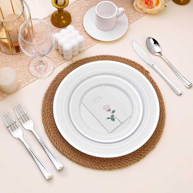 BESTSTAR 100PCS White Plastic Plates for Party, 10.25 Inch Disposable Plates with Silver Rim, Heavy Duty Dinner Plates for Christmas, Wedding and Birthday