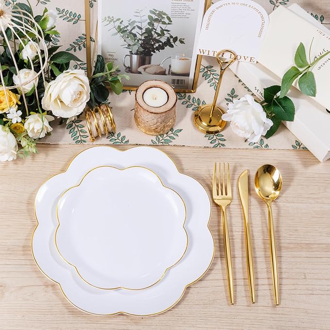 EI 180pcs White Plastic Plates with Gold Plastic Silverware,Heavy-Duty Disposable Plates for Party,White Dinnerware Set for 30 Guest Wedding,Birthday,Spring Afternoon Tea