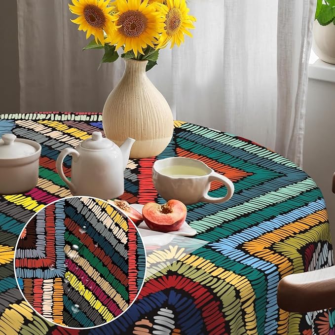 Laeacco 24 Inch Colorful Patchwork Round Tablecloth Woven Geometric Pattern Abstract Art Print Table Cloth Washable Waterproof Wrinkle Free Table Cover for Kitchen Dining Picnic Party Decoration