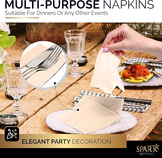 100 Pack Ivory Beverage Napkins, Big Party Pack, 2 Ply, Ideal for Wedding, Party, Birthday, Dinner, Lunch, Cocktails. (5” x 5”) by Amcrate