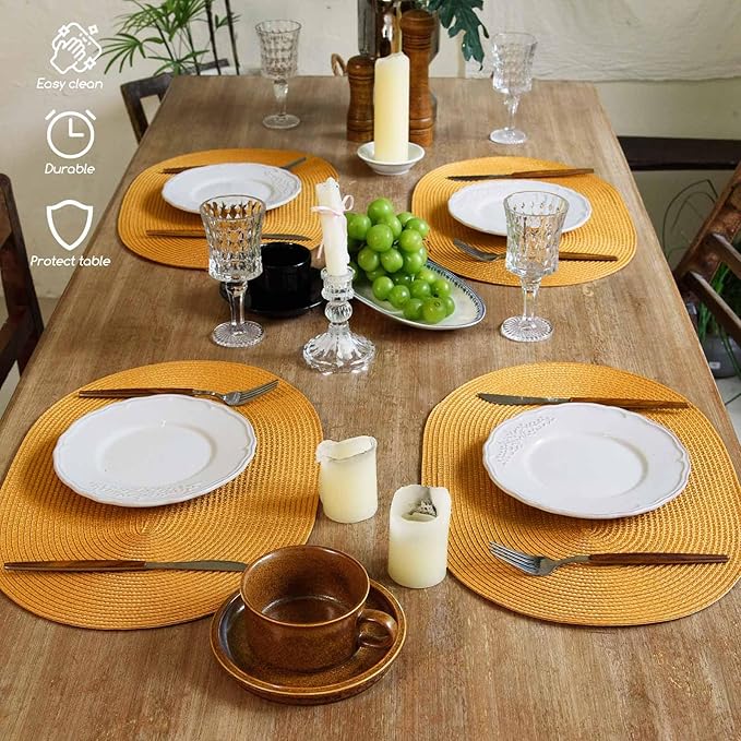 FunWheat Oval Braided Placemats Set of 4 Table Mats for Dining Tables Washable Heat Resistant Place Mats for Indoor Outdoor Use 12 x18 Inch(Oval Pumpkin Yellow, 4pcs)
