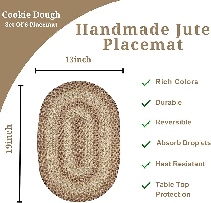 Homespice Cookie Dough Jute Braided Oval Placemats, Warm Farmhouse Decor, Set of 6, 13x19 Brown Table Mats - Vibrant Colors, Durable, Easy to Clean and Protects Furniture