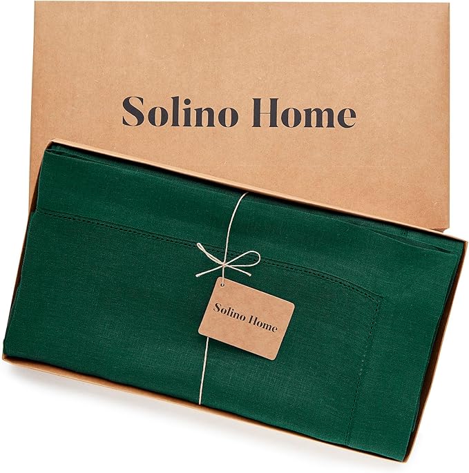 Solino Home Linen Tablecloth for Rectangle Tables 54 x 72 Inch - Classic Hemstitch 100% Pure Linen Rainforest Green Table Cloth - Machine Washable Cloth Tablecloth for St Patricks Day