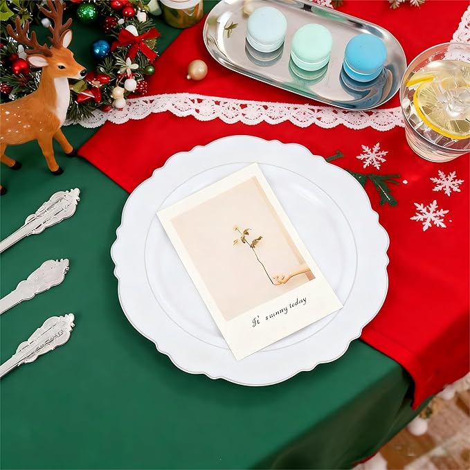 Liacere 350PCS Silver Plastic Plates-Disposable White and Silver Plates 50guest Baroque Plastic Dinnerware Set include 100Plates, 50Pack Pre Rolled Napkins with Silverware 50Cups Perfect for Christmas