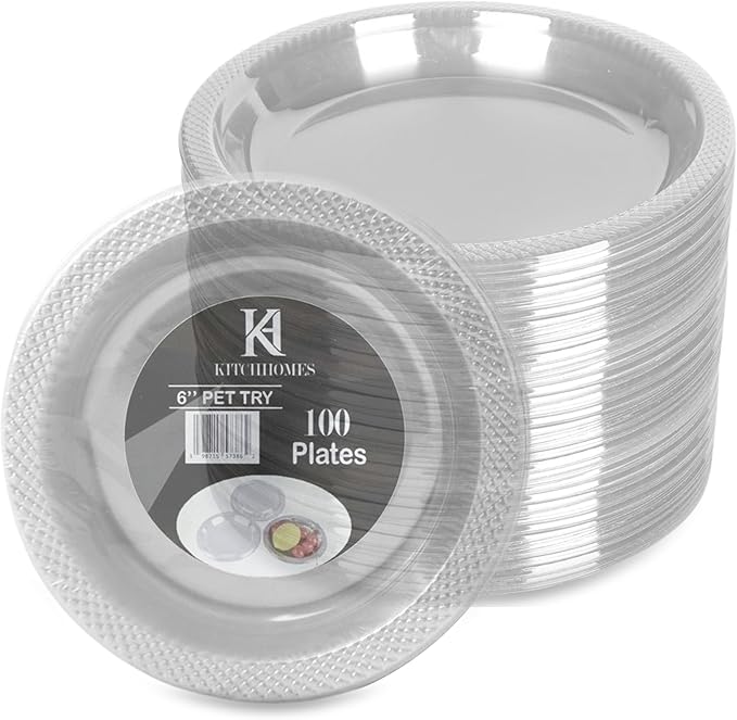 6 Inch Clear Plastic plates - Flexible 100 Pack clear plastic plates for Dessert, Appetizers, BBQ, Party, Travel, and Events - Microwave Safe, Recyclable & Disposable Plates