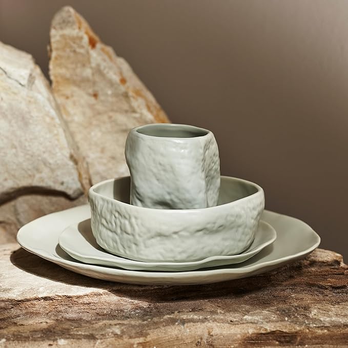 Stone by Mercer Project Atik Modern Stoneware 32-Piece Dinnerware Set, Plate and Bowl Set, Dish set for 8, Grey Speckled