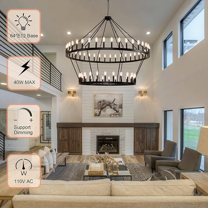 70 Inch Extra Large Wagon Wheel Chandelier 2 Tier 64-Lights Black Farmhouse Pendant Light Fixture, Round Rustic Hanging Lighting for Outdoor Porch high Ceilings Living Dining Room Foyer Entryway