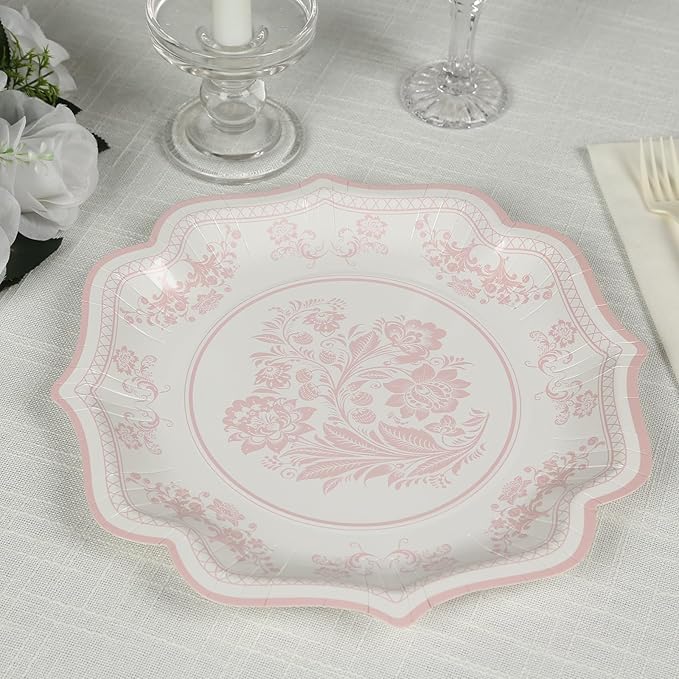 50 Pack 10" White Pink French Toile Dinner Plates, Disposable Round Paper Party Plates 300 GSM for Festive Table Decoration
