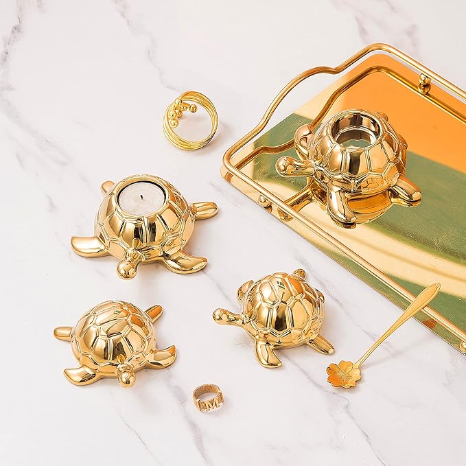 Golden Turtle Statue, Ceramic Turtle Ornament for Home Decor - Gold Tabletop Decoration, Collectible Decor for Elderly, Turtle Sculpture for Bookshelf, Desk, Nightstand
