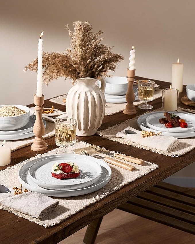 Stoneware Dinnerware Set, Highly Chip and Scratch Resistant Everyday Plates and Bowls for 8 (24pcs), Reactive Glaze Speckled Ceramic Flared Dishes with Gift Box, Microwave Dishwasher Safe, White