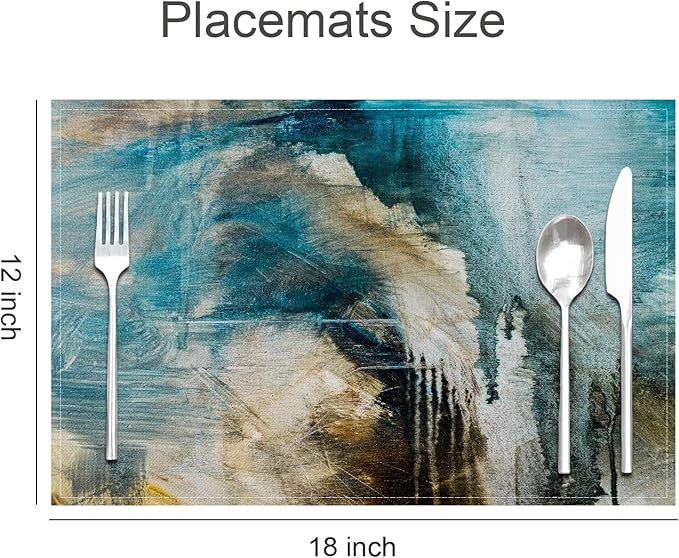 Teal Placemats Set of 4 Turquoise Black Place Mats Indoor Modern Abstract Art Linen Table Placemats Washable Wipeable Waterproof Kitchen Place Mats for Dining Tables, 18 X 12 Inch