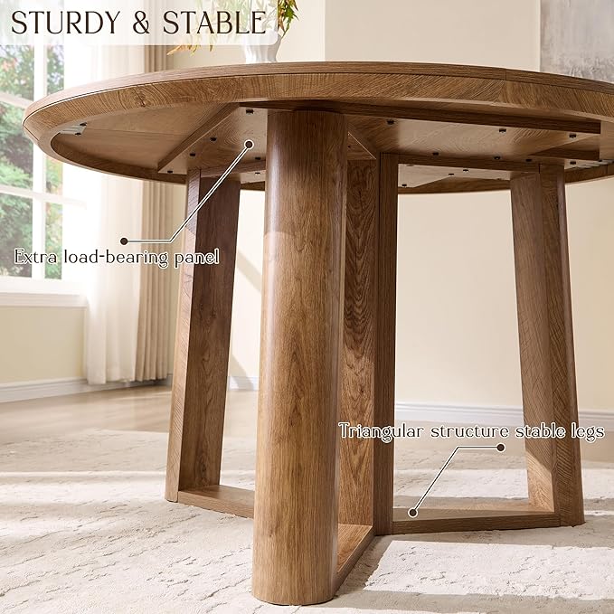 OKD 47" Dining Table for 4-6, Round Dining Room Table with Triangular Structure Pedestal Stable Base, Curved Table Edge, Circle Kitchen Tables for Dining Room, Kitchen, Light Tree Knot