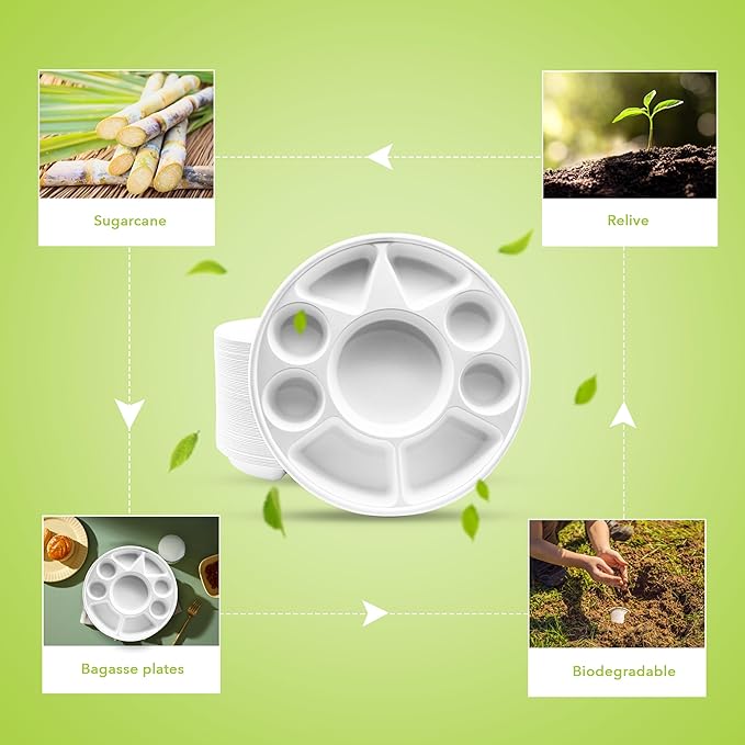 three leaf 9 Compartment Bagasse Round Plate, 200 Ct. Heavy-Duty- Super Strong- Natural- Eco-Friendly Disposable Bagasse Plates, 100% Biodegradable