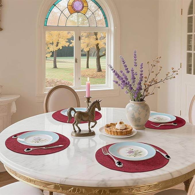 homing 15 Inch Round Cloth Placemats Set of 6, Cotton Linen Blend Washable Table Mats, Farmhouse Dining Place Mats for Indoors & Outdoors, Easy to Clean, Red