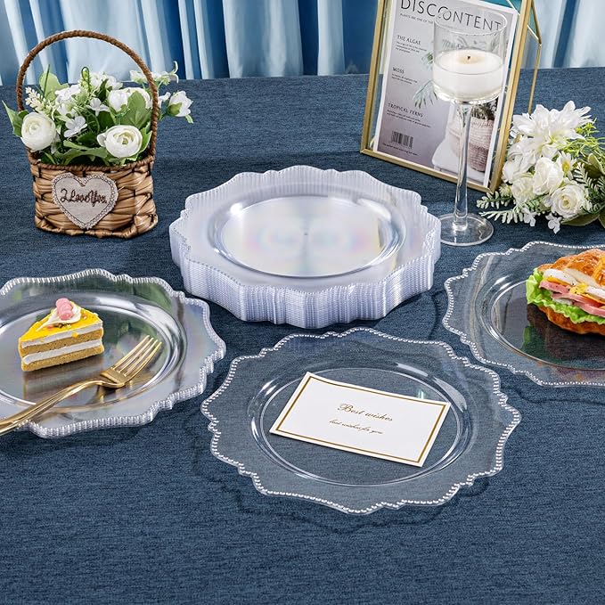 COLOSUS 100pcs 9.5 Inch Clear Plastic Plates,Heavy Duty Disposable Dinner Plates,Fancy clear Plates,Premium Plastic Dinner Plates for Party,Thanksgiving and Everyday Use