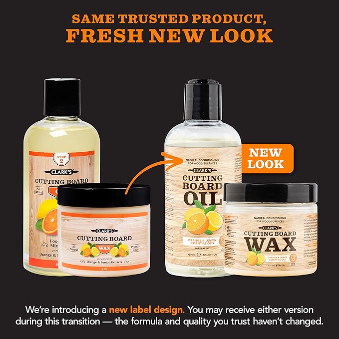CLARK’S Cutting Board Oil and Wax Kit – Includes Food Grade Mineral Oil (12oz), Finishing Wax (6oz), Applicator, & Buffing Pad to Clean and Protect Wood, Enriched with Natural Lemon & Orange Extract