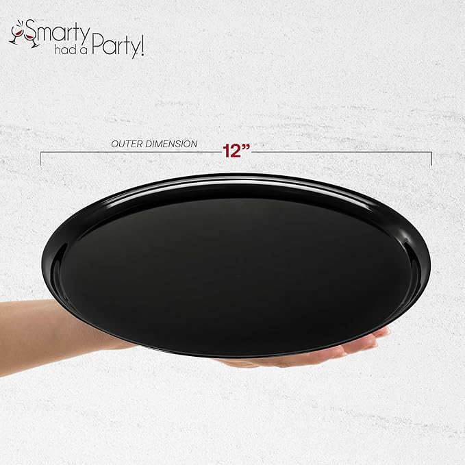 Smarty Had A Party 12 Inch Black Round Plastic Serving Tray – Heavy-Duty Party Platters & Catering Trays, Reusable or Disposable Plastic Trays for Serving Food, Elegant Party Tray Set of 25
