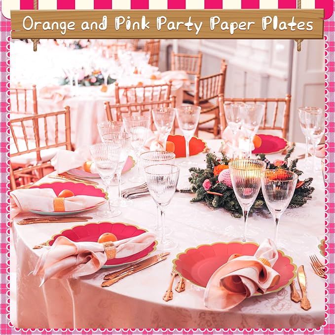 96 Pcs Pink and Orange Paper Plates 9 Inch Scalloped Paper Plates Disposable Dinner Dessert for Birthday Wedding Bridal Party Supplies, 6 Colors