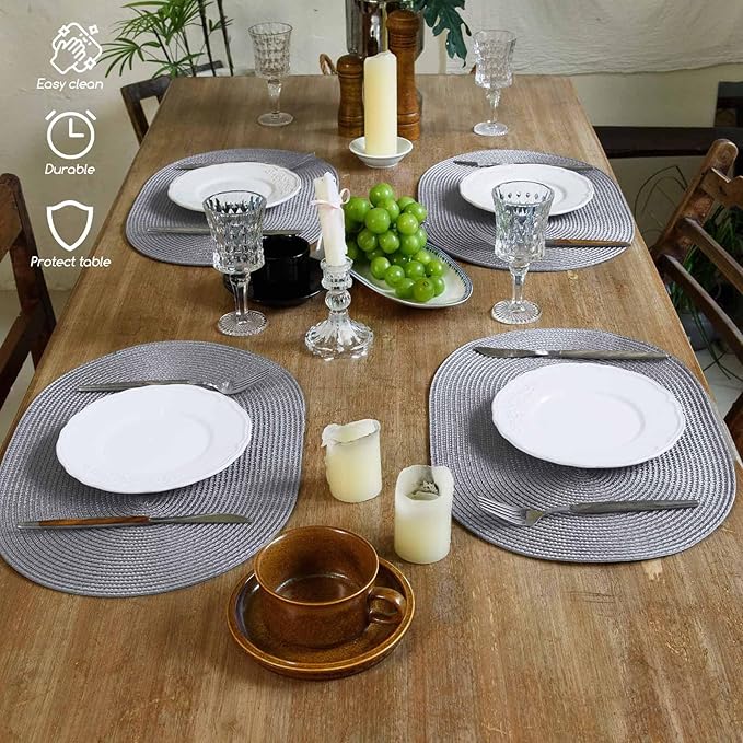 FunWheat Oval Braided Placemats Set of 6 Table Mats for Dining Tables Washable Heat Resistant Place Mats for Indoor Outdoor Use 12 x18 Inch(Oval Light Grey, 6pcs)