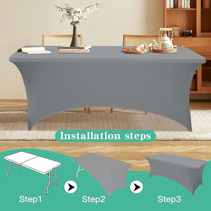 8FT Table Cloth for Rectangular Fitted Events Stretch Grey Table Covers Washable Spandex Tablecloth Protector for Party, Wedding, Cocktail, Banquet, Festival
