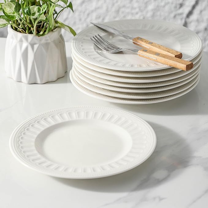 Neaylfe 8-Piece Ceramic Dessert Salad Plates, 8 Inch, Embossed Small Dinner Plates, Kitchen Porcelain Dish Ceramic Flat Plates for Appetizer, Pancakes, Dishwasher & Microwave Safe